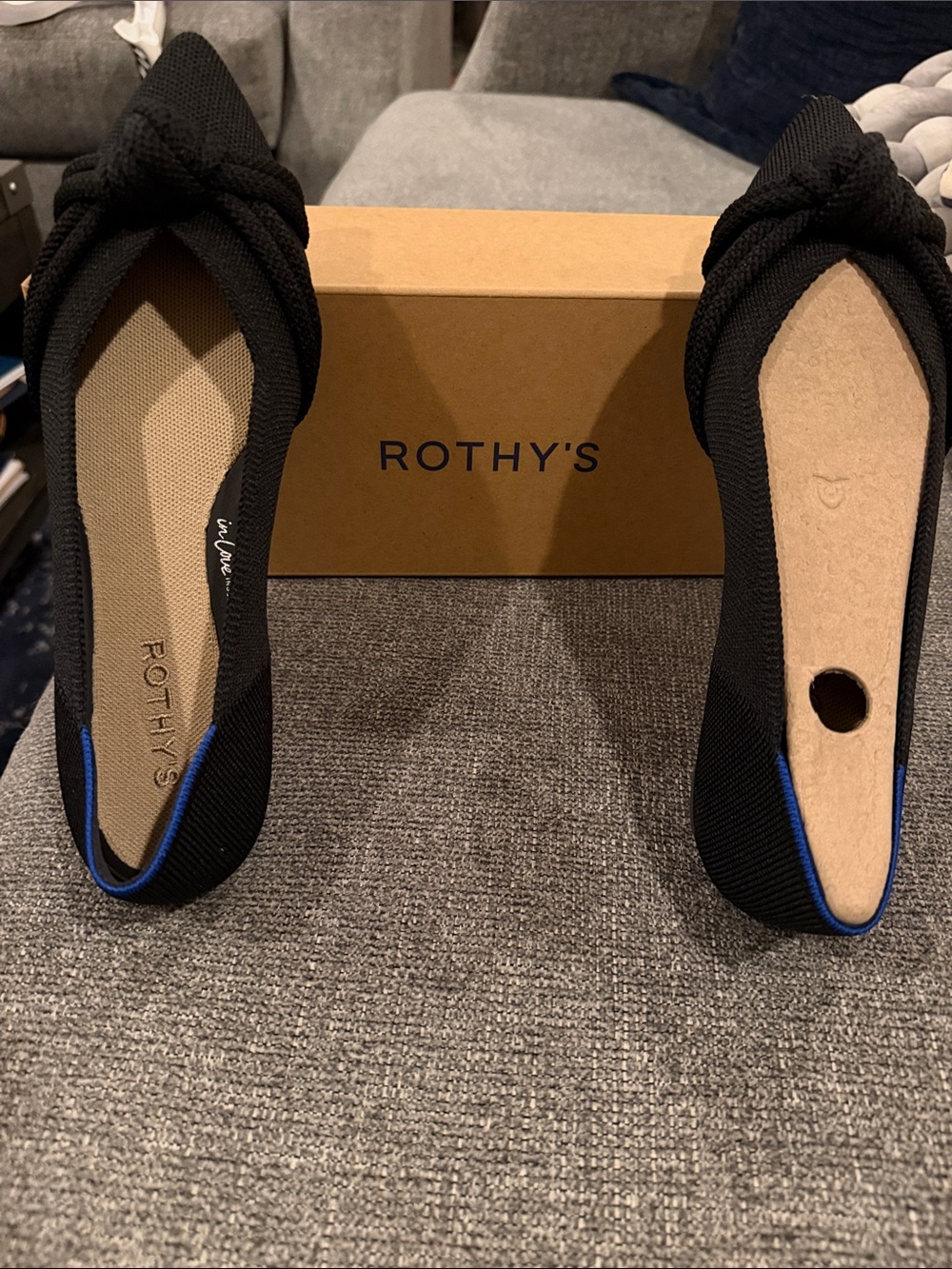 Rothy's Black Knot-Accent Ballet Flats with Blue Trim Size 9 New in Box